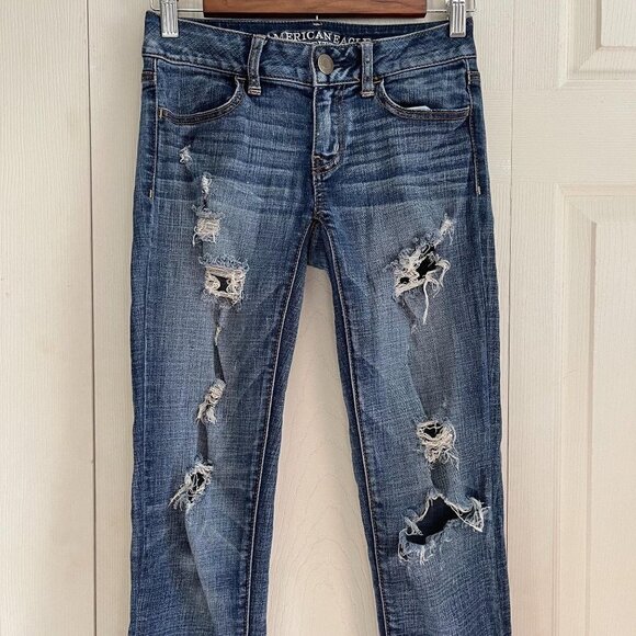 American Eagle Women's Dark Wash Distressed Jegging Super Stretch Jeans Size 0 - Picture 5 of 9